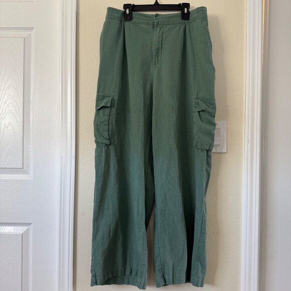 7 For All Mankind Green Linen Cargo Wide Leg Pants Sz L - Picture 1 of 6
